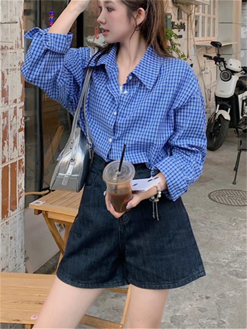 Koisoon 2024 Blue Shirts Plaid Chic Women Fashion Slim New Autumn Loose Full Sleeve Casual All Match High Street Work Wear