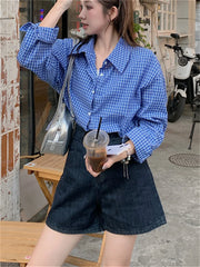 Koisoon 2024 Blue Shirts Plaid Chic Women Fashion Slim New Autumn Loose Full Sleeve Casual All Match High Street Work Wear