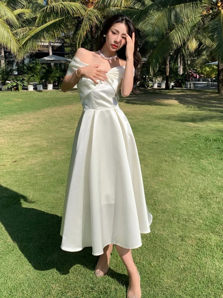 Koisoon Elegant White Wedding Dress Women New Fashion Chic bowknot A-line Party Prom Vestidos Summer Female Casual Robe Mujers