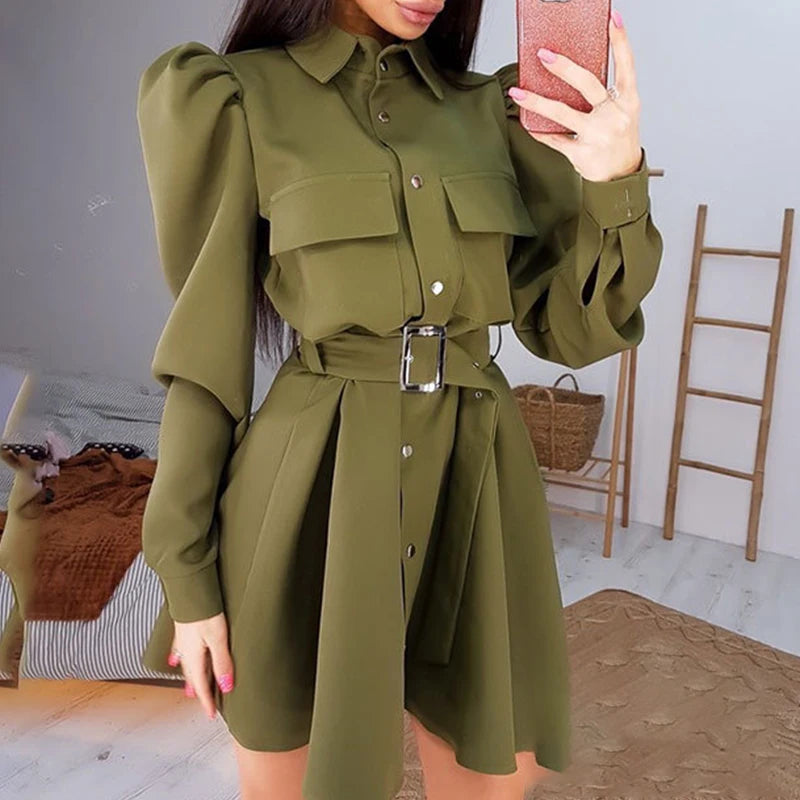 Koisoon Vintage Loose Women Solid Dresses Female Lapel Collar Puff Long Sleeve A-line Dress Fall Winter Loose Button Tie-up Mini Dress