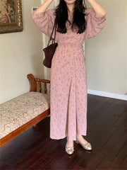 Koisoon Pink Florals Maxi Dress Spring Chic Full Sleeve Printed Sweet 2024 Slim New V-Neck Close Waist Office Lady Elegant