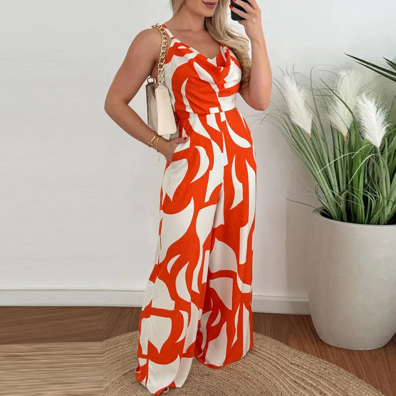 Koisoon Elegant Temperament Printed Long Pants Jumpsuit Women's Casual Pocket High Waist Romper New Summer Fashion V-Neck Slim Playsuits