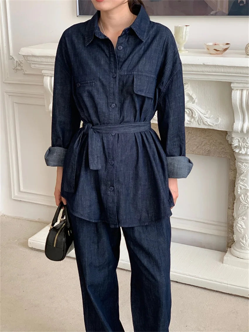 Koisoon Minimalist Women Denim Suit Vintage Loose Chic Slim Coats Autumn Daily Wide Leg Office Lady High Street Casual Pants