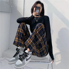 Koisoon Harajuku Fashion Women Plaid Casual Sweatpants Spring Autumn New High Waist Streetwear Loose All-match Wide Leg Sports Trousers