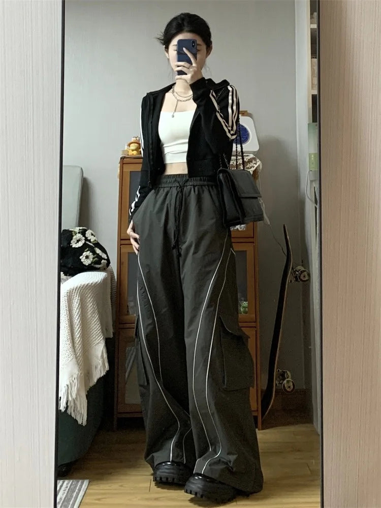 Koisoon Y2K Streetwear Black Cargo Pants Women Hip Hop Striped Oversized Track Pants American Retro Basic Wide Leg Sweatpants