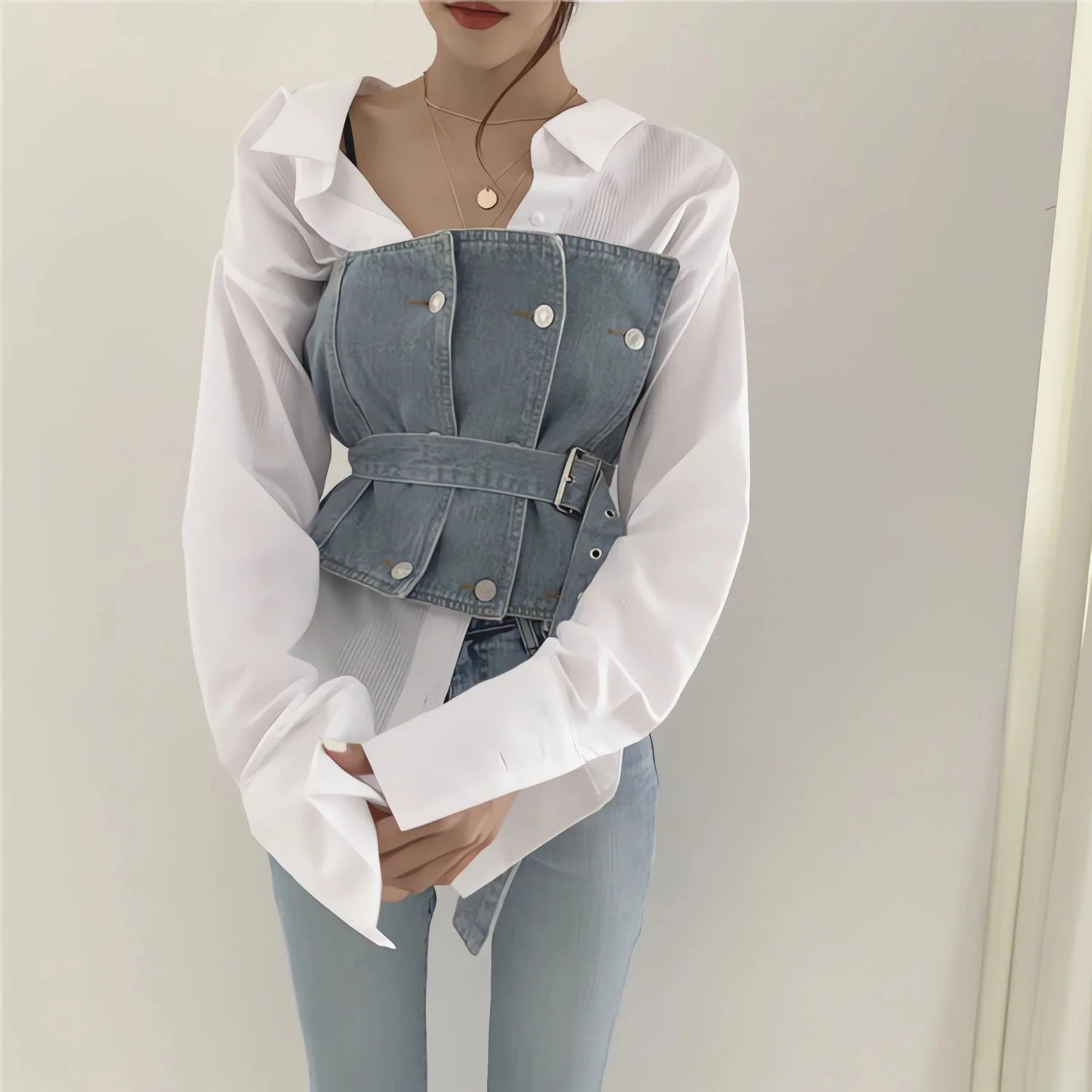 Koisoon Vintage Women Loose White Turn Down Collar Shirts Blouses Full Sleeve Casual Tops Blusas Sleeveless Denim Jackets Vest