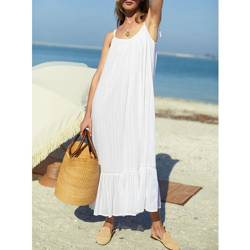 Koisoon French Elegant Party White Dresses For Women Summer 100% Cotton Sexy Bandage Strap Sleeveless Beach Sundress Robe Femme éTé