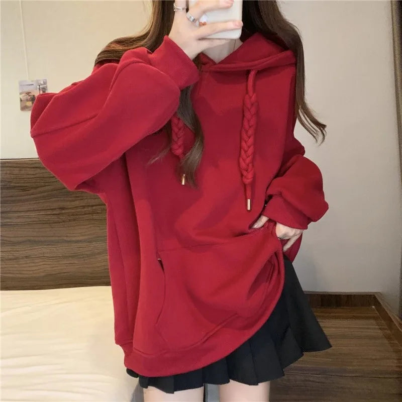 Koisoon Korean Style Hooded Sweatshirts Christmas Red Women's Hoodie Oversize Long Sleeve Pullovers Autumn Winter Warm Fashion New