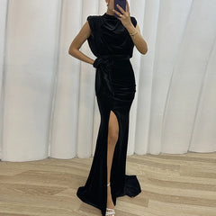 Koisoon Sexy O-neck Sleeveless Soft Velvet Party Dress Women Spring Solid Slim High Slit Draped Long Dress Summer Hollow Mermaid Dresses