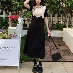 Koisoon Patchwork Fork Women Dress Korean Fashion Zipper Short Sleeved Dress Y2K Summer Grace Female Preppy Style Dresses New