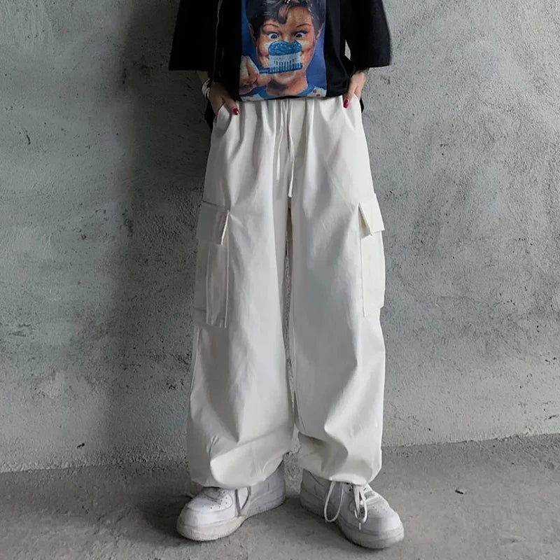 Koisoon Harajuku Women Cargo Pants Japan Style Casual Big Pocket Wide Leg Pants Summer All Match Female Loose Straight Trousers