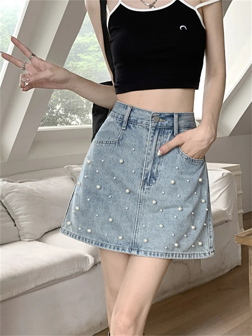 Koisoon Office Lady New Mini Skirts Women Summer OL Chic Pearls High Waist Sweet Denim Bodycon Streetwear Jeanswear