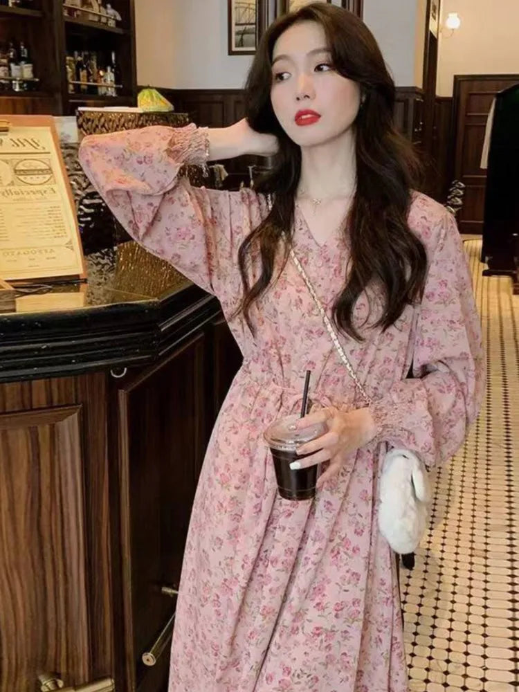 Koisoon Floral Print French Women Midi Dress Elegant Long Sleeve Casual A-line Party Lady Clothes Fashion V-neck Loose Female Maxi