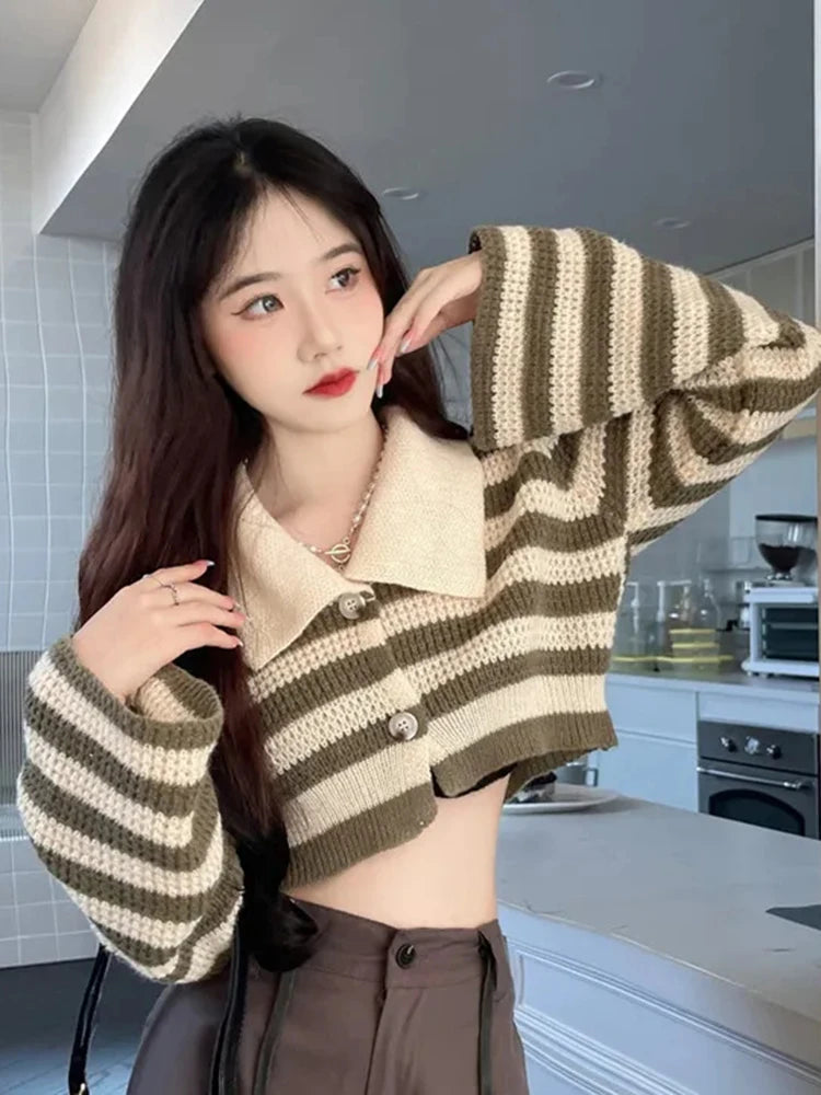 Koisoon Sexy Cropped Striped Cardigan Women Fashion Flare Sleeve Loose Knitted Sweaters Casual Autumn Korean Lazy Wind Lady Outwear