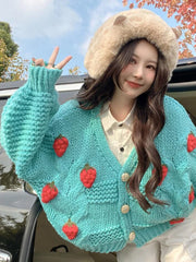 Koisoon Cute Strawberry Women Cardigan Sweater Oversize Winter Loose Fashion V Neck Hand 3D Knit Ladies Jumper Casual Female Coat