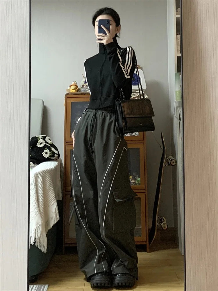 Koisoon Y2K Streetwear Black Cargo Pants Women Hip Hop Striped Oversized Track Pants American Retro Basic Wide Leg Sweatpants