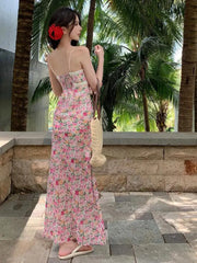 Koisoon French Women's Birthday Sexy Club Evening Party Pink Floral Printed Lace Slip Long Dress Summer Backless Bandage Pleated Dresses