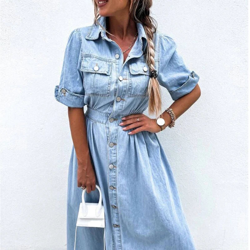 Koisoon New Turn-down Collar Short Sleeve Summer Dress Women's Single Breasted Pocket Casual Dress Denim High Waist Pleated 2024 Dresses