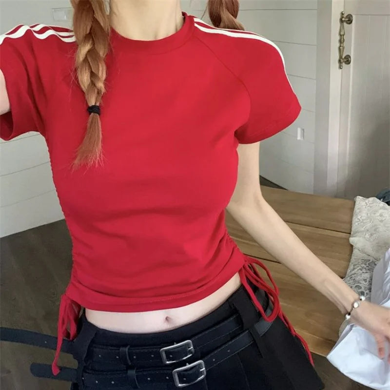 Koisoon Harajuku Summer Women Striped Short T-shirt Streetwear Fashion New Korean Clothing Drawstring Slim Basic Short Sleeve Crop Tops