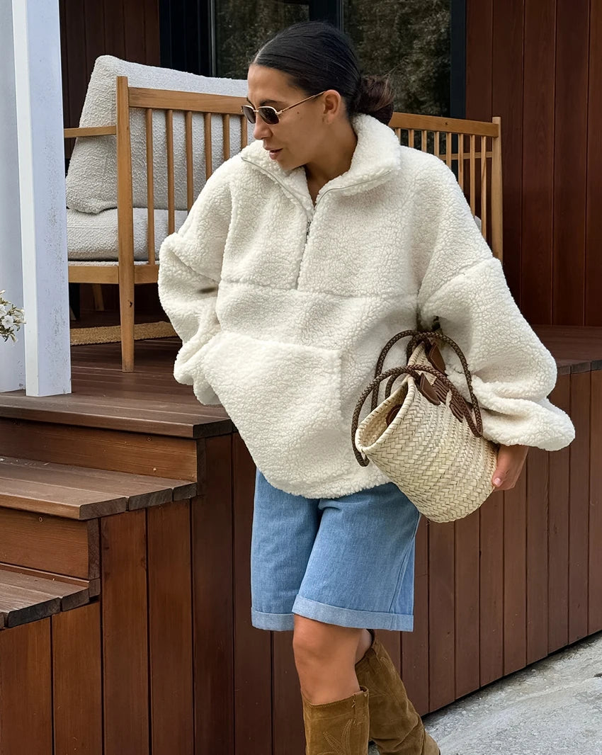 Koisoon Beige Warm Berber Fleece Zipper Sweatshirts Women Oversize Lantern Sleeves Pockets Streetwear 2024 Casual Pullover