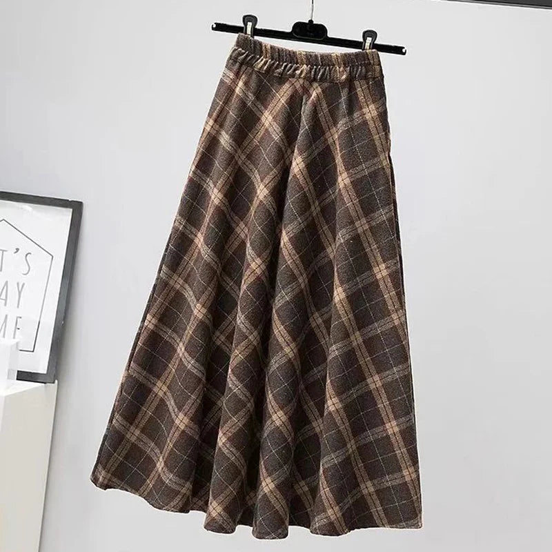 Koisoon Autumn Winter Woolen Skirt Women Korean Style Thick High Waist Long Skirt Woman A Line Pleated Plaid Skirt Female