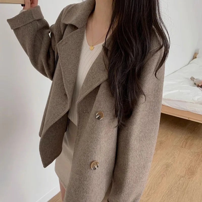 Koisoon Elegant Faux Woolen Coats Korean Women Fashion Designed Button Loose Jacket Female All Match Streetwear Blended Overcoat