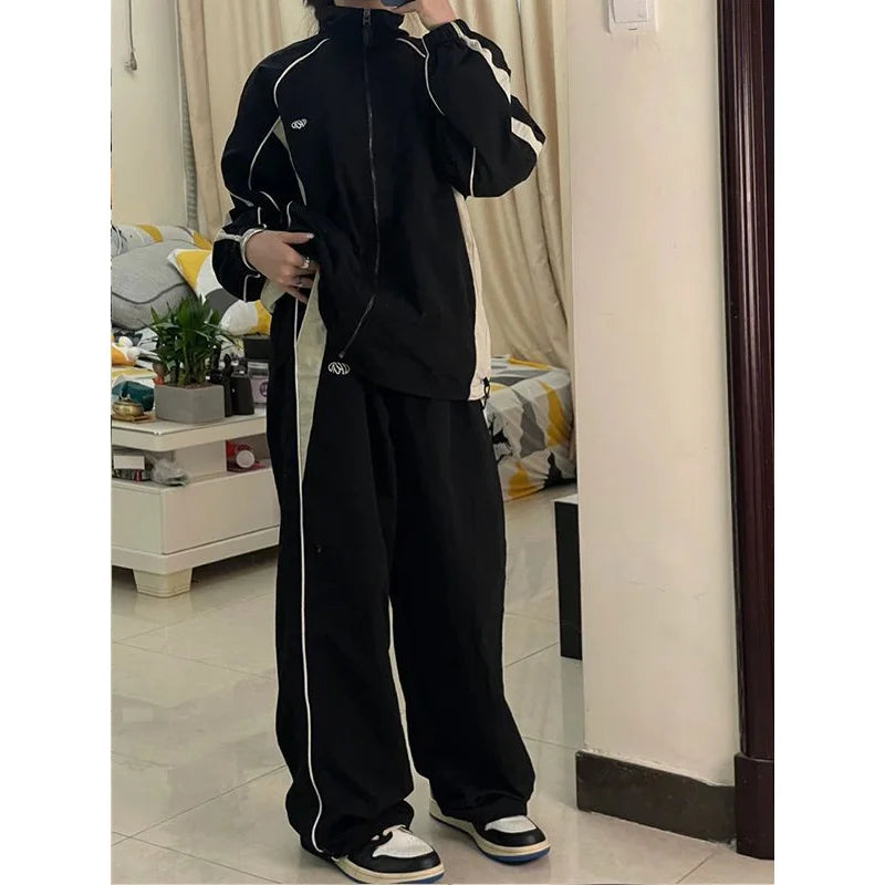 Koisoon Women Spring Retro Solid Loose Drawstring Trousers Casual Joggers Baggy Wide Leg Sweatpants Mid Waist Sporty Y2k Female Clothes