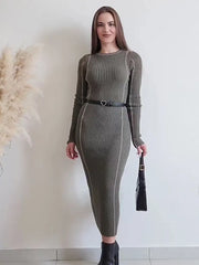 Koisoon Women Fashion Slim Piped Midi Knit Dress Casual Chic Round Neck Long Sleeved Dresses Autumn Winter Lady Elegant Vestidos