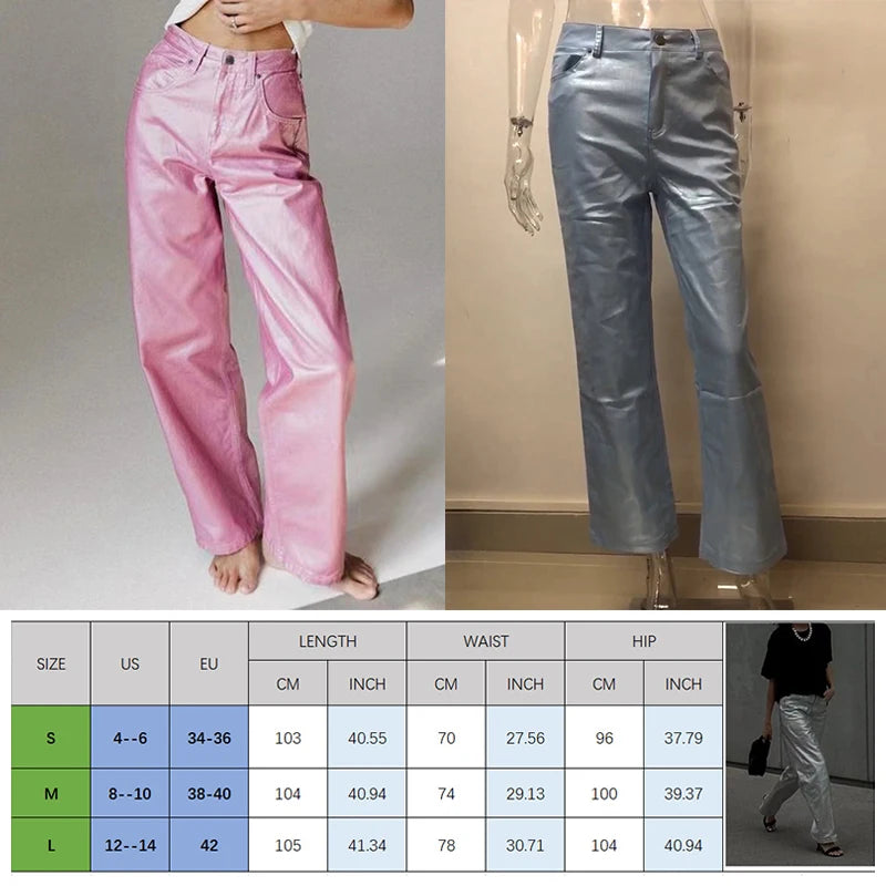 Koisoon Women Metallic Color Straight Pants Zipper Fly High Waist Trousers Autumn Winter High Street Elegant Office Lady Pants