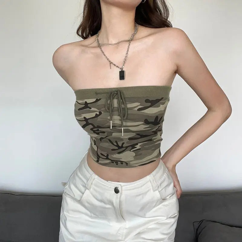 Koisoon Sexy Women Streetwear Camouflage Tanks Summer Fashion Vest Lace Up Off Shoulder Female Clothing Casual New Sleeveless Crop Tops