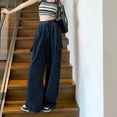 Koisoon Vintage Women Denim Cargo Pants Fashion Streetwear Loose Wide Leg Pants Korean Casual All Match Female Straight Jeans