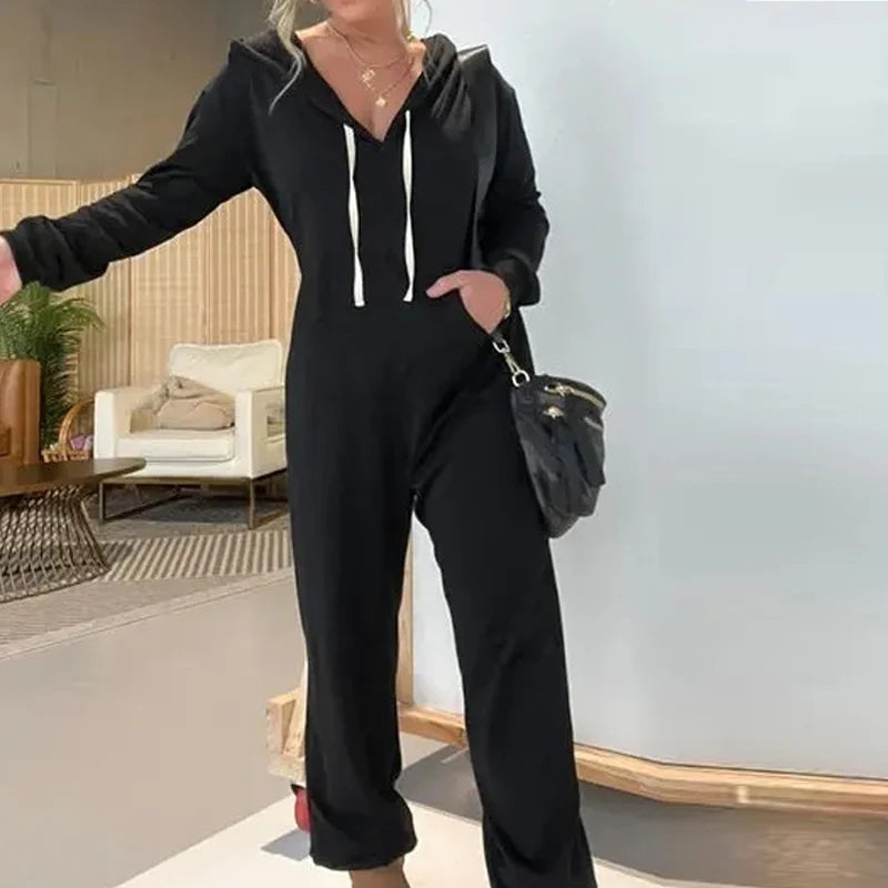 Koisoon Spring Casual Drawstring Hooded Jumpsuits Women Vintage Solid Pocket Straight Romper Autumn Long Sleeve Pullover Romper Overalls