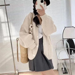 Koisoon Korean Women Cardigan Sweater Autumn Fashion Designed Flower Loose Knitted Coats Casual Female Preppy Style Jacket New