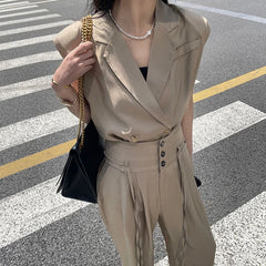 Koisoon Casual Fashion Summer Sleeveless Drawstring Sports Top + High Waist Wide Leg Pants Set Female High Street Office Wear Ladies