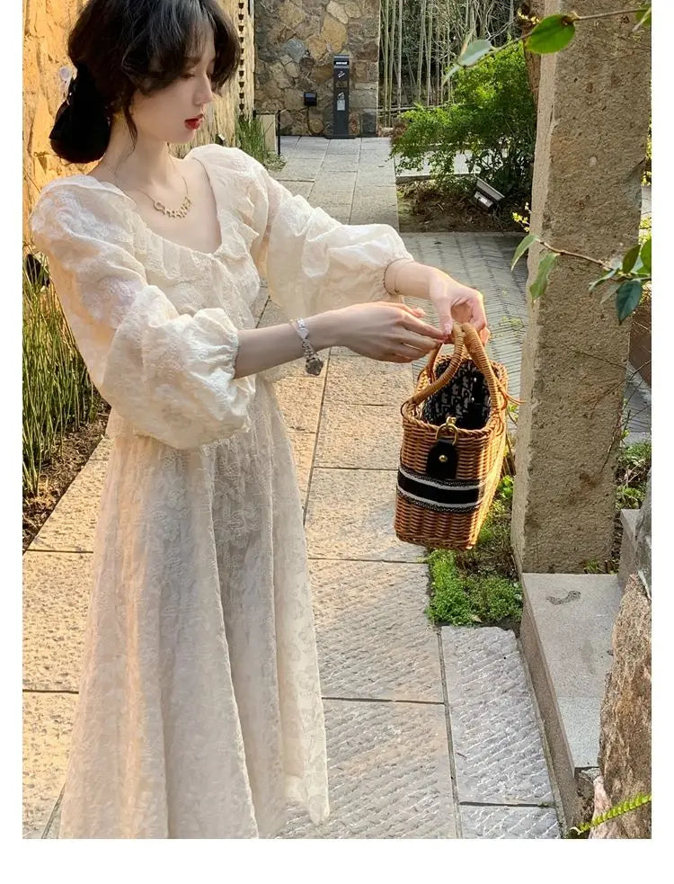 Koisoon Elegant Vintage Lace Fairy Dress Women Autumn Sweet Rufffle Long Sleeve Party Dress Female Casual Korean Embroidery Dresses