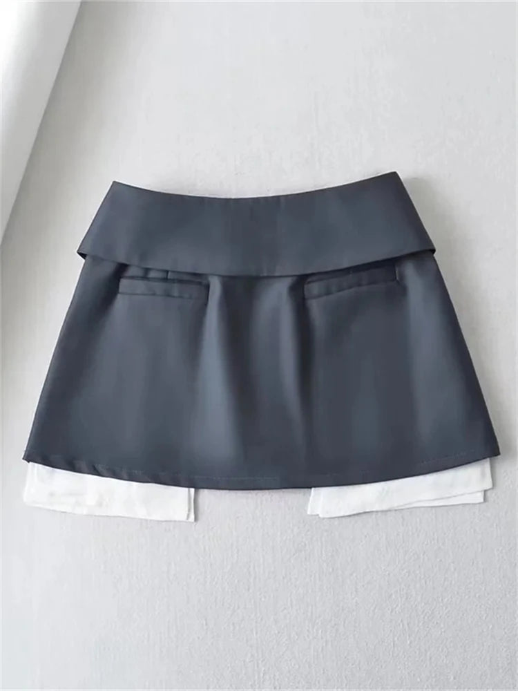 Koisoon New Mini Skirt For Women High Waist Gray Pleated Skirt A-Line Turn-Down Shorts Y2k Skirt With Pockets Streetwear