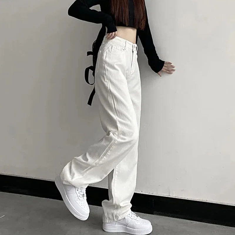 Koisoon Vintage Women High Waist Jeans Korean Fashion Loose Wide Leg Pants Y2K Spring All Match Solid White Female Denim Trousers New