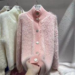 Koisoon Fashion Women Cardigan Sweater Korean All Match Hairy Loose Knitted Coats Female Casual Big Button Warm Jacket Winter New