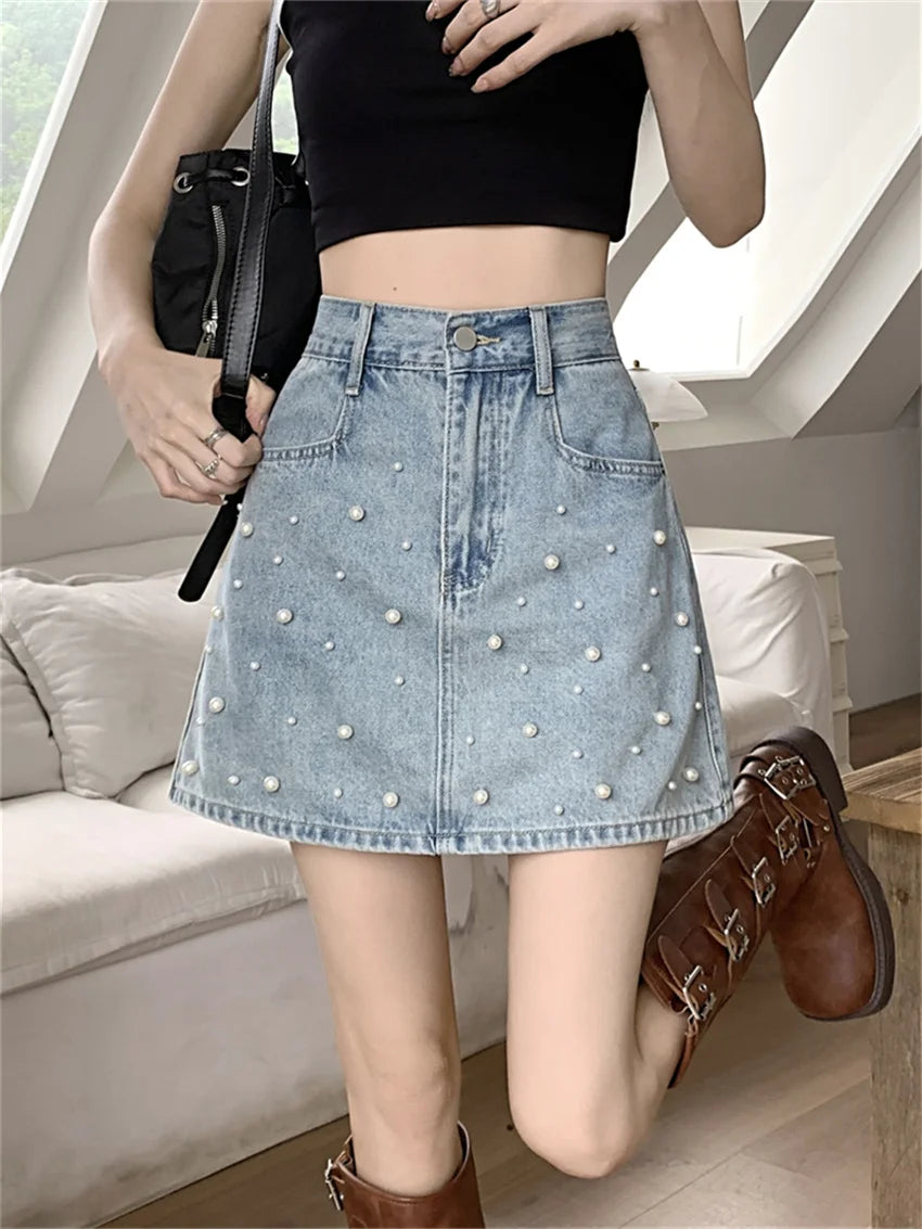 Koisoon Office Lady New Mini Skirts Women Summer OL Chic Pearls High Waist Sweet Denim Bodycon Streetwear Jeanswear