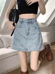 Koisoon Office Lady New Mini Skirts Women Summer OL Chic Pearls High Waist Sweet Denim Bodycon Streetwear Jeanswear