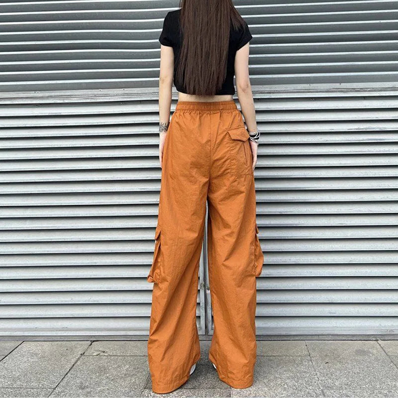 Koisoon Streetwear Women Oversize Solid Cargo Pants Elastic Waist Drawcord Loose Harajuku Hip Hop Casual Wide Leg Sports Trousers