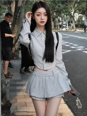 Koisoon Sweet Hot Girls Sexy Preppy Style Suit Women's Spring/Autumn Irregular Long-sleeved Short Shirt Pleated Mini Skirt Two-piece Set