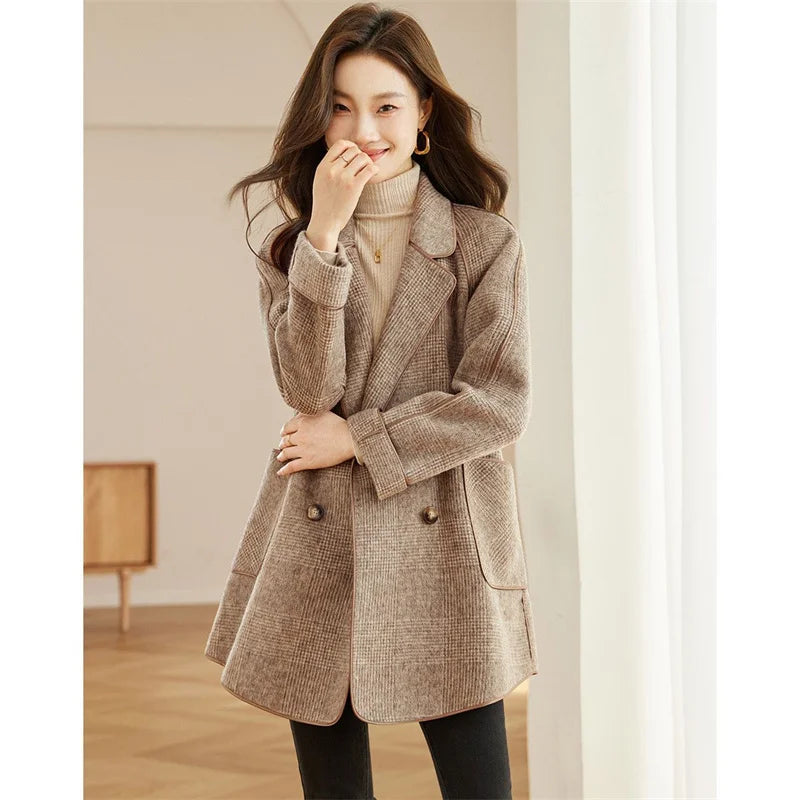 Koisoon Woolen Coats Fashion Office Lady Turn-Down Collar Double Breasted Winter New Jacket For Women Pocket Retro Plaid Outerwea