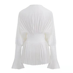 Koisoon Elegant Women Loose White V-Neck Pleated Shirts Female Lantern Full Sleeve Tops Blouses Casual Blusas 2024 Spring Summer