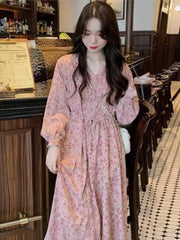 Koisoon Floral Print French Women Midi Dress Elegant Long Sleeve Casual A-line Party Lady Clothes Fashion V-neck Loose Female Maxi