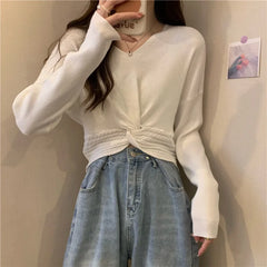 Koisoon 2024 Autumn Winter New Fashion Drawstring T Shirts Women Long Sleeve V Neck Tops Korean Style Sweet Pullover Knitted Shirts