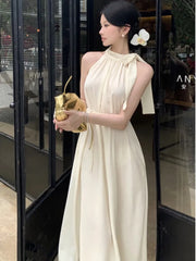 Koisoon French Elegant Halter Sleeveless Long Dresses for Women Solid Summer New Holiday Style A-line Evening Dress Prom Robe Vestido