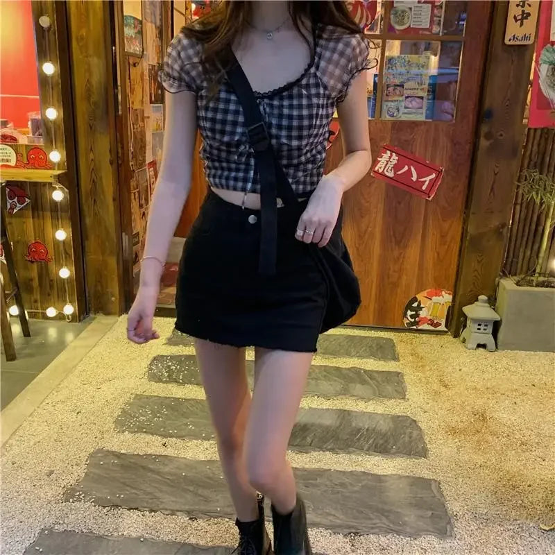 Koisoon 2024 Summer Plaid Tshirts Women Retro Sexy Shirt Casual Lace Tees Puff Sleeve 2000s Vintage Y2k Crop Tops Female Korean Fashion