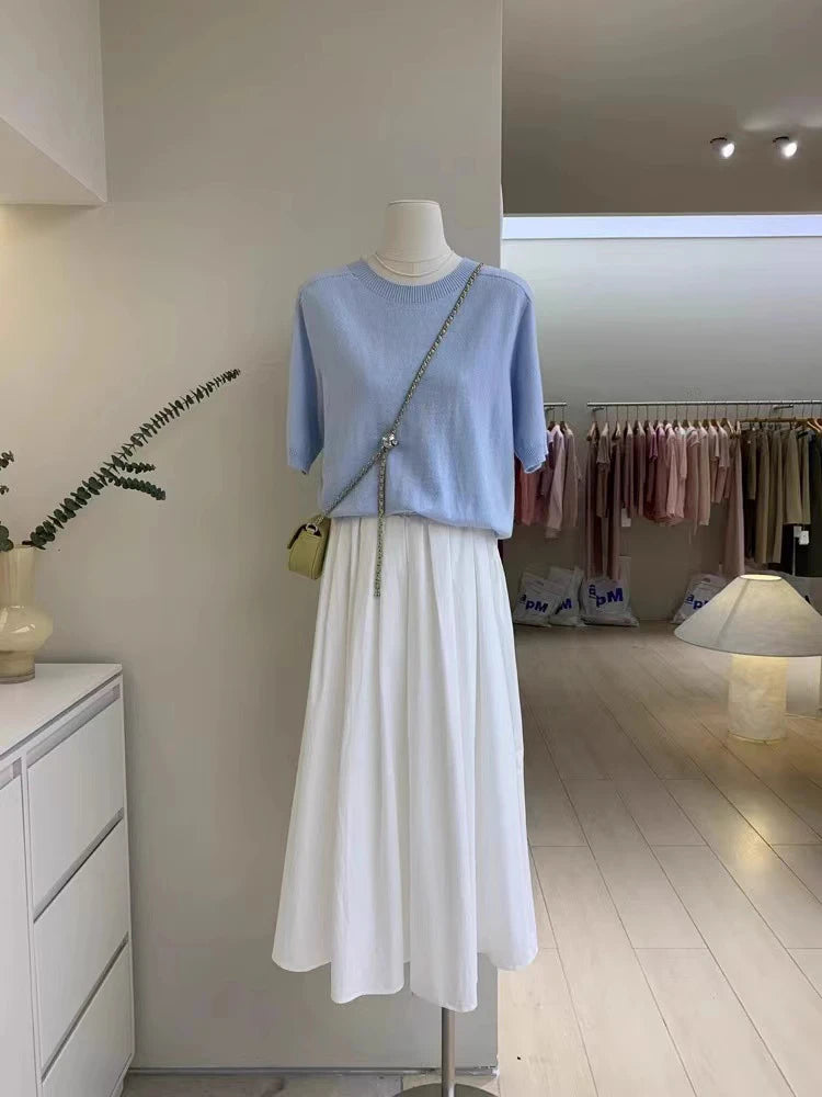 Koisoon Elegant Women White Long Pocket Skirts For Female Casual Loose A-Line High Elastic Waist Midi Skirt 2024 Spring Summer L986