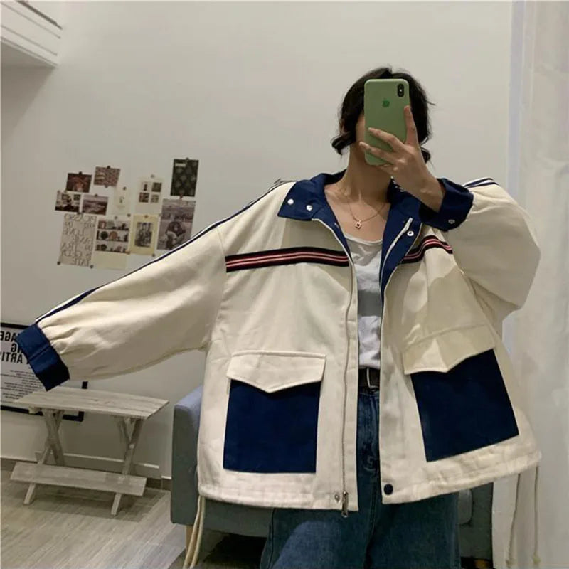 Koisoon Patchwork Jacket Women American Loose Streetwear Blue and White Zipper Clothes Casual Chic Long Sleeve Harajuku Outwear